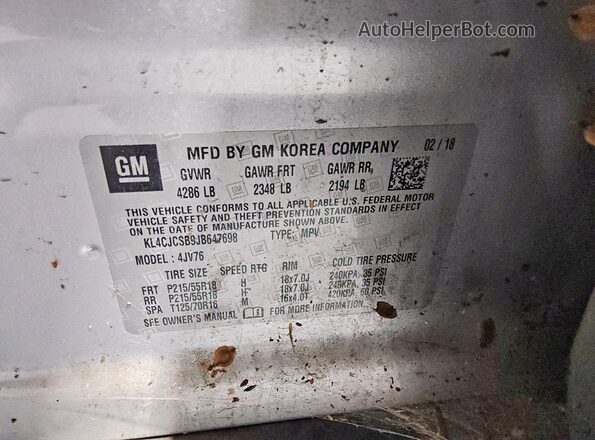 KL4CJCSB9JB647698 2018 BUICK ENCORE Silver Widok naklejki z numerem VIN
