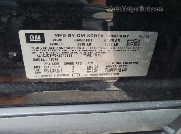 KL4CJCSM5KB715238 2019 BUICK ENCORE Black Widok naklejki z numerem VIN
