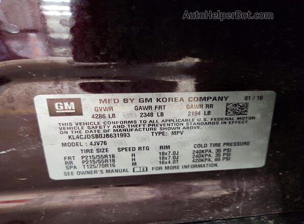 KL4CJDSB0JB631993 2018 BUICK ENCORE Темно-бордовый Вид наклейки с VIN-кодом