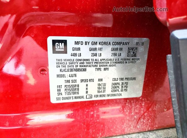 KL4CJESB7KB856368 2019 BUICK ENCORE Maroon Vista de la etiqueta del VIN