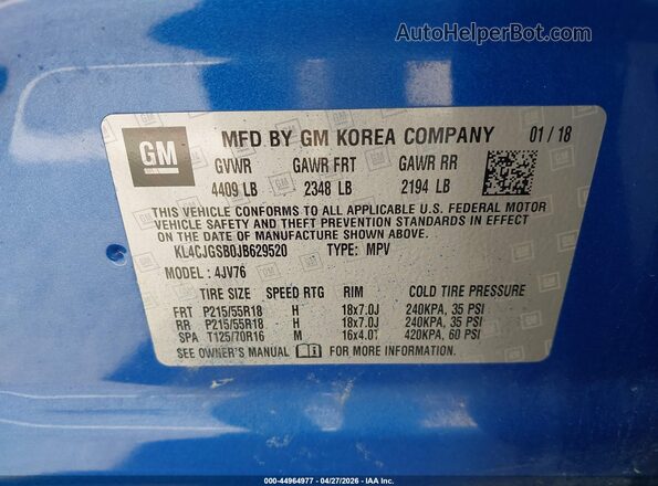 KL4CJGSB0JB629520 2018 BUICK ENCORE Blue Вид підкапотного простору