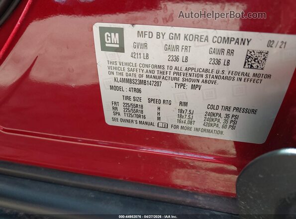 KL4MMBS23MB147207 2021 BUICK ENCORE Red Vista del compartimento del motor