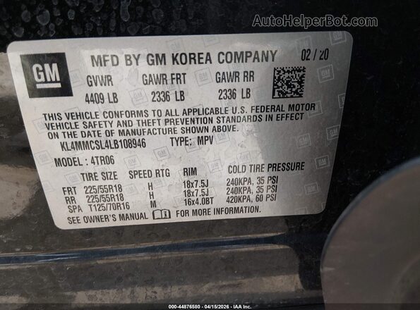 KL4MMCSL4LB108946 2020 BUICK ENCORE Black Vista del compartimento del motor