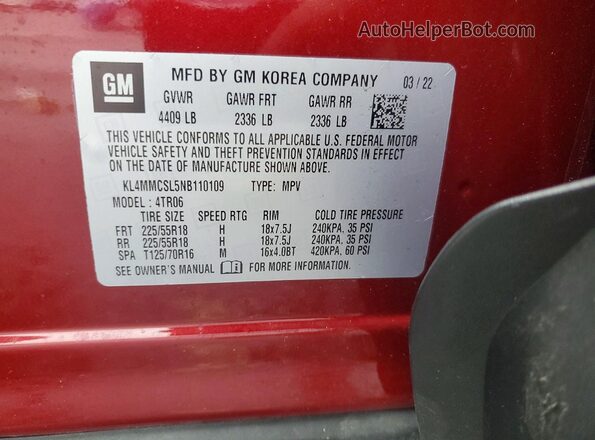 KL4MMCSL5NB110109 2022 BUICK ENCORE Red Widok naklejki z numerem VIN