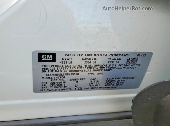 KL4MMFSL2NB135678 2022 BUICK ENCORE White Widok wnętrza 360 stopni