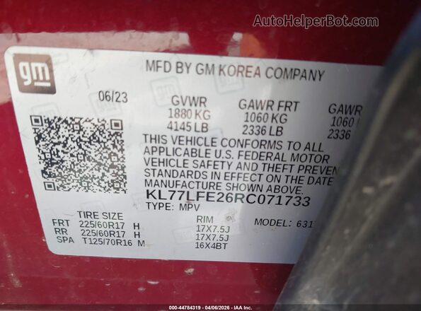 KL77LFE26RC071733 2024 CHEVROLET TRAX Красный Вид подкапотного пространства