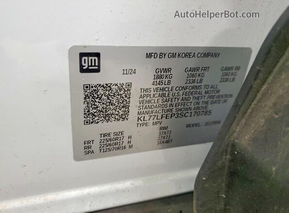 KL77LFEP3SC170785 2025 CHEVROLET TRAX White Vista de la etiqueta del VIN