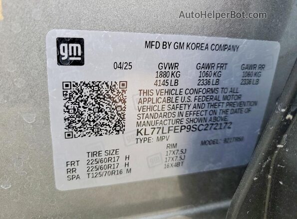 KL77LFEP9SC272172 2025 CHEVROLET TRAX Silver VIN sticker view