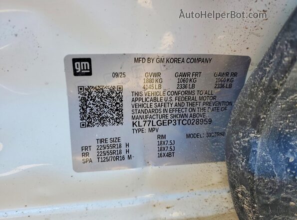 KL77LGEP3TC028959 2026 CHEVROLET TRAX White VIN sticker view