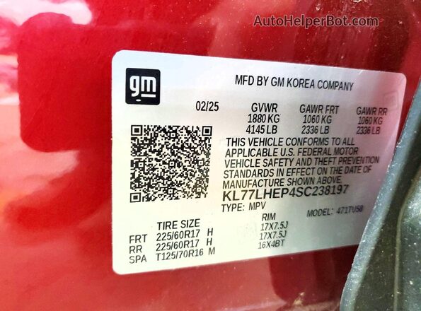 KL77LHEP4SC238197 2025 CHEVROLET TRAX Красный Вид наклейки с VIN-кодом