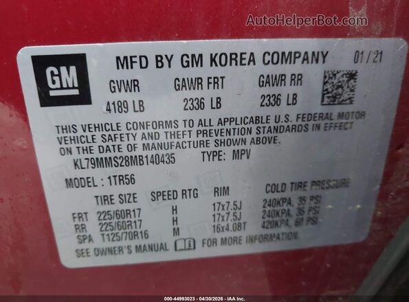 KL79MMS28MB140435 2021 CHEVROLET TRAILBLAZER Red Вид підкапотного простору