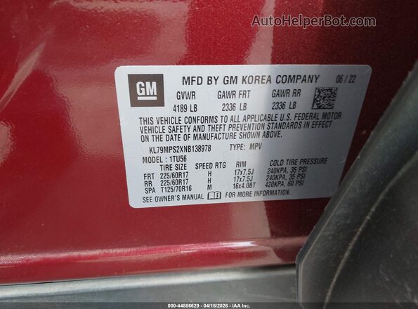 KL79MPS2XNB138978 2022 CHEVROLET TRAILBLAZER Red Widok komory silnika