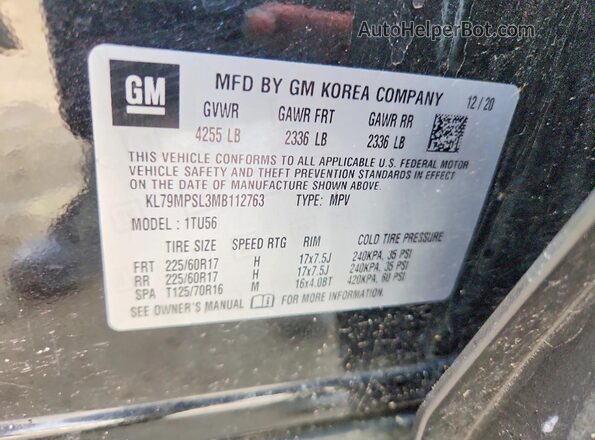 KL79MPSL3MB112763 2021 CHEVROLET TRAILBLAZER Black Widok naklejki z numerem VIN