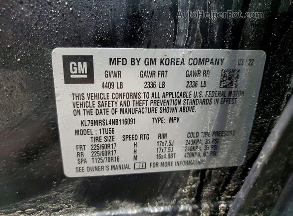 KL79MRSL4NB116091 2022 CHEVROLET TRAILBLAZER Черный Вид наклейки с VIN-кодом