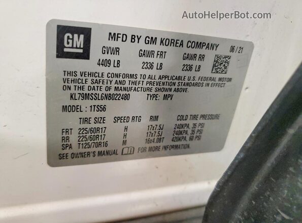 KL79MSSL6NB022480 2022 CHEVROLET TRAILBLAZER White Widok naklejki z numerem VIN