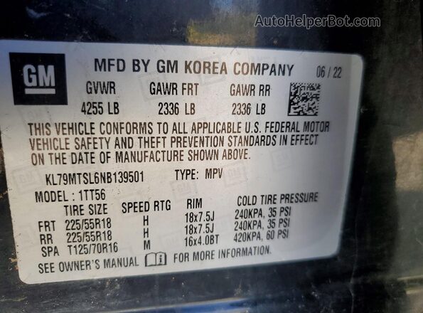 KL79MTSL6NB139501 2022 CHEVROLET TRAILBLAZER Black Вид наклейки з VIN-кодом