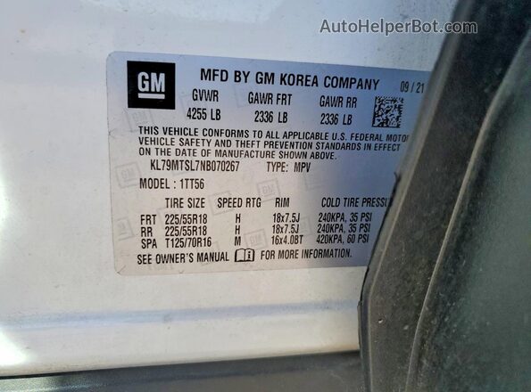 KL79MTSL7NB070267 2022 CHEVROLET TRAILBLAZER White VIN კოდის სტიკერის ხედი