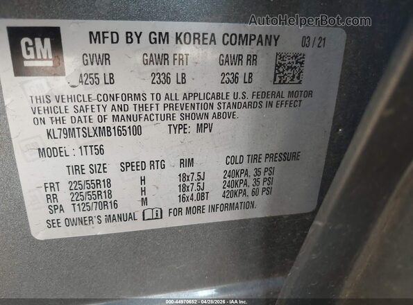 KL79MTSLXMB165100 2021 CHEVROLET TRAILBLAZER Gray Widok komory silnika