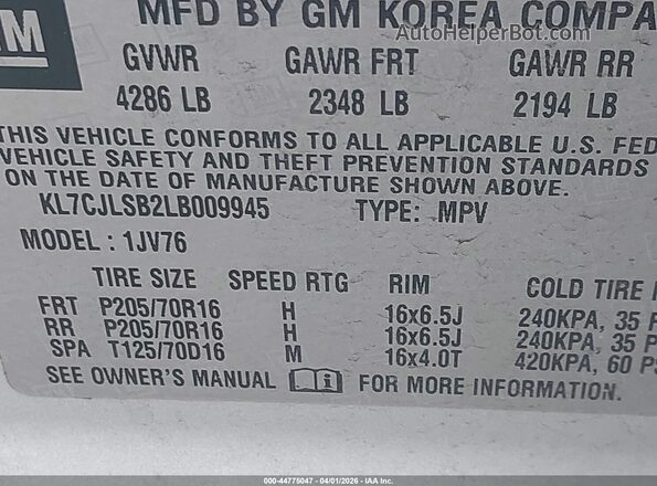 KL7CJLSB2LB009945 2020 CHEVROLET TRAX Silver Вид підкапотного простору
