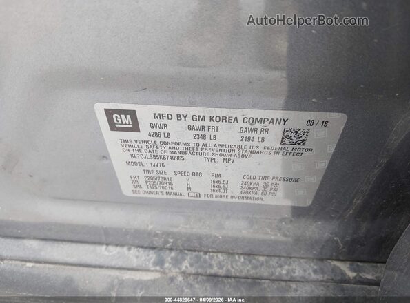 KL7CJLSB5KB740965 2019 CHEVROLET TRAX Blue Engine compartment view