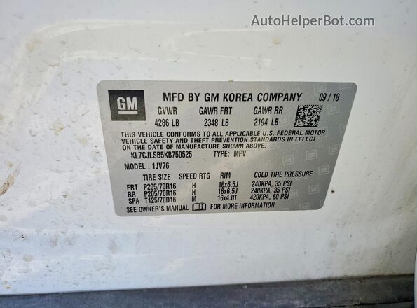 KL7CJLSB5KB750525 2019 CHEVROLET TRAX Белый Вид наклейки с VIN-кодом