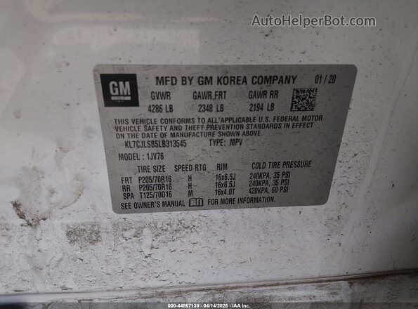 KL7CJLSB5LB313545 2020 CHEVROLET TRAX Белый Вид подкапотного пространства