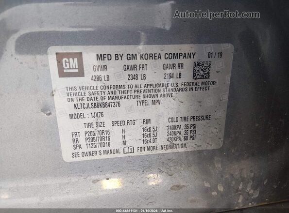 KL7CJLSB6KB847376 2019 CHEVROLET TRAX Серый Вид подкапотного пространства