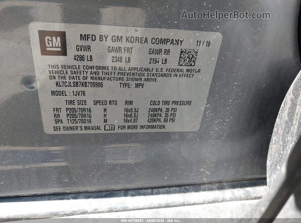KL7CJLSB7KB799886 2019 CHEVROLET TRAX Gray Вид підкапотного простору