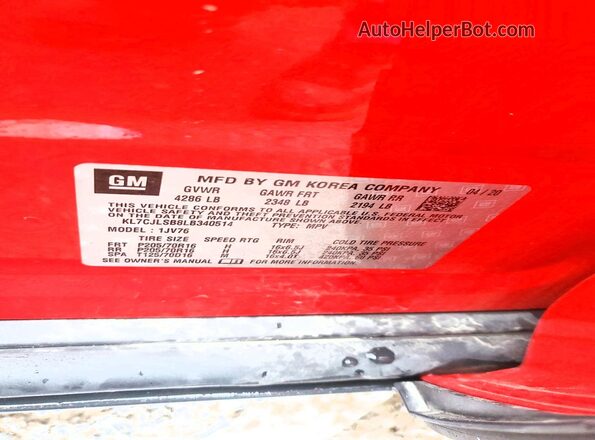 KL7CJLSB8LB340514 2020 CHEVROLET TRAX Red Widok naklejki z numerem VIN