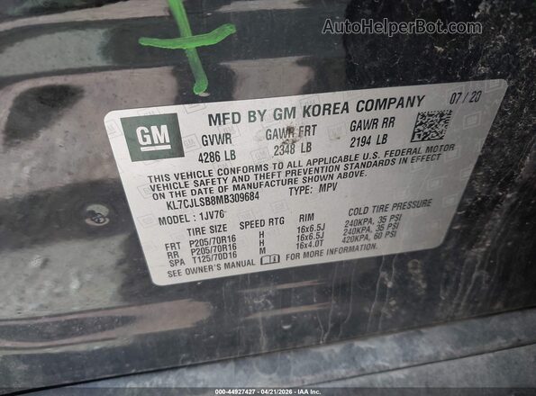 KL7CJLSB8MB309684 2021 CHEVROLET TRAX Black ძრავის განყოფილების ხედი