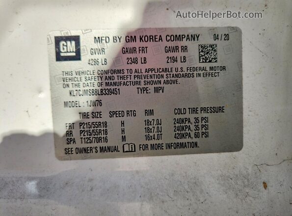 KL7CJMSB8LB339451 2020 CHEVROLET TRAX White Widok wnętrza 360 stopni
