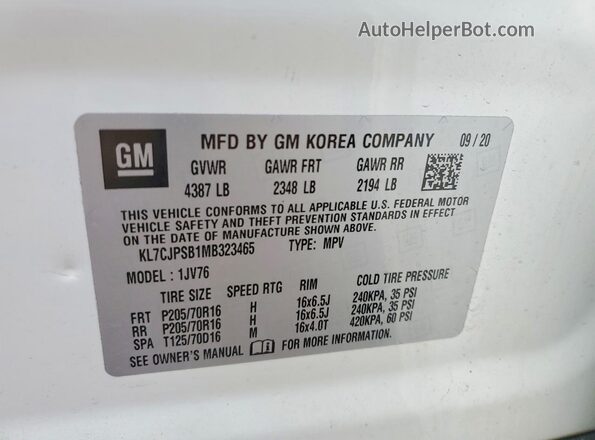 KL7CJPSB1MB323465 2021 CHEVROLET TRAX Белый Панорамный вид салона 360°