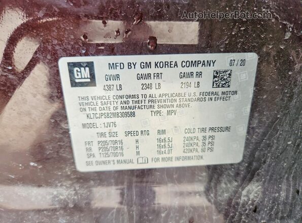 KL7CJPSB2MB309588 2021 CHEVROLET TRAX Maroon Вид наклейки з VIN-кодом