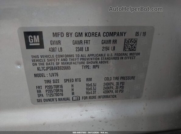 KL7CJPSB4KB926665 2019 CHEVROLET TRAX Silver Widok komory silnika