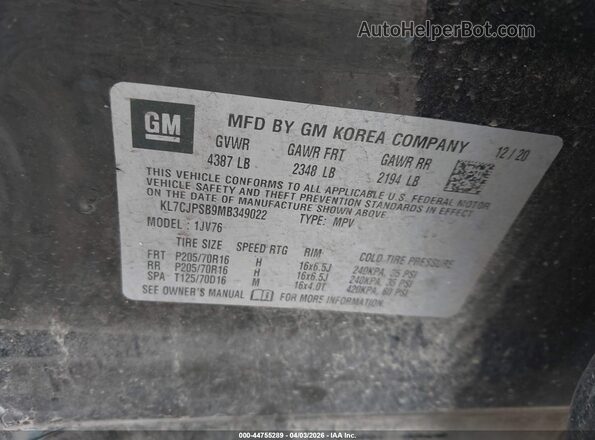 KL7CJPSB9MB349022 2021 CHEVROLET TRAX Черный Вид подкапотного пространства