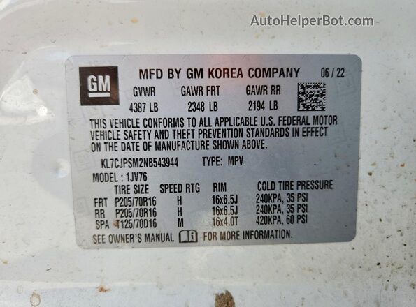 KL7CJPSM2NB543944 2022 CHEVROLET TRAX White Widok komory silnika