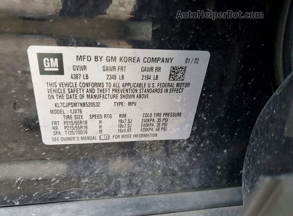 KL7CJPSM7NB520532 2022 CHEVROLET TRAX Черный Вид наклейки с VIN-кодом