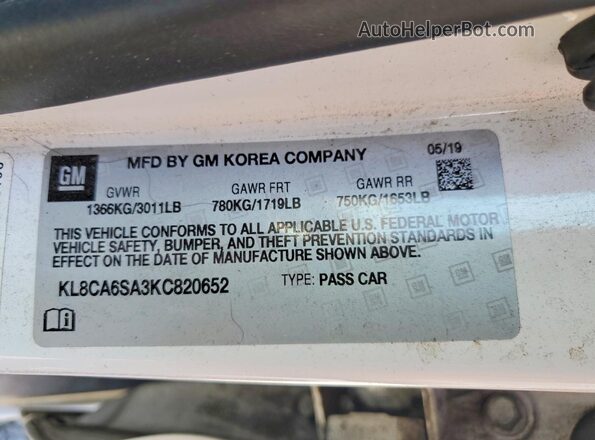 KL8CA6SA3KC820652 2019 CHEVROLET SPARK Белый Вид подкапотного пространства