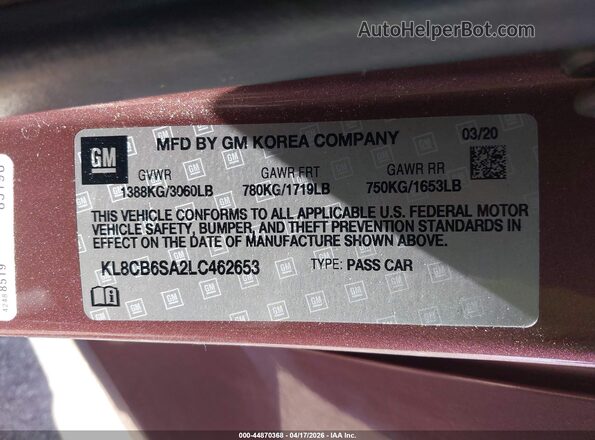 KL8CB6SA2LC462653 2020 CHEVROLET SPARK Brown Widok komory silnika