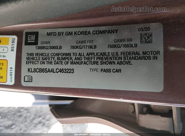 KL8CB6SA4LC463223 2020 CHEVROLET SPARK Темно-бордовый Вид подкапотного пространства