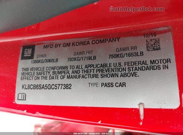 KL8CB6SA5GC577382 2016 CHEVROLET SPARK Red Vista del compartimento del motor