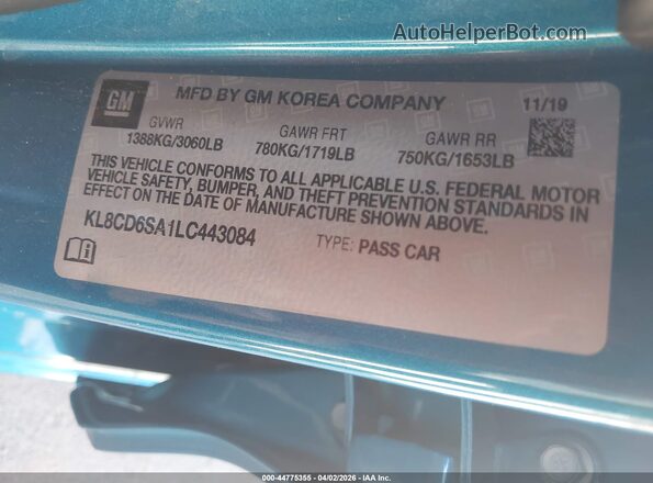 KL8CD6SA1LC443084 2020 CHEVROLET SPARK Blue Engine compartment view