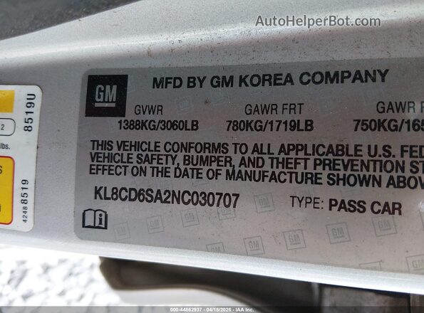 KL8CD6SA2NC030707 2022 CHEVROLET SPARK Silver ძრავის განყოფილების ხედი