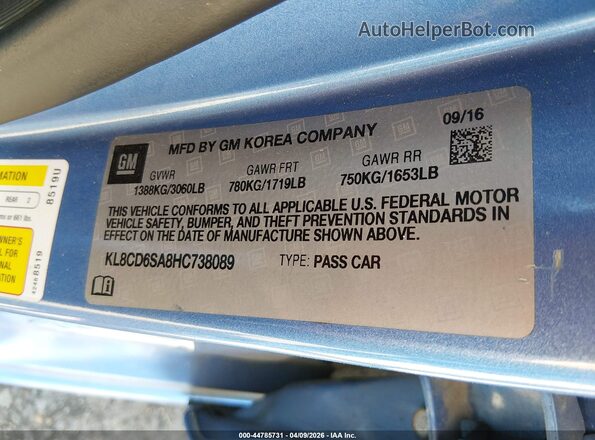 KL8CD6SA8HC738089 2017 CHEVROLET SPARK Синий Вид подкапотного пространства