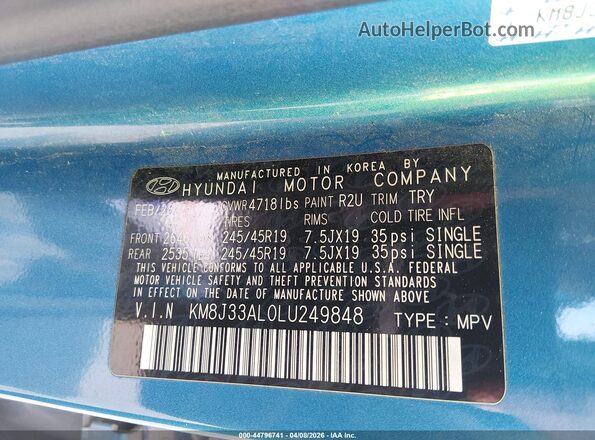 KM8J33AL0LU249848 2020 HYUNDAI TUCSON Синий Вид подкапотного пространства