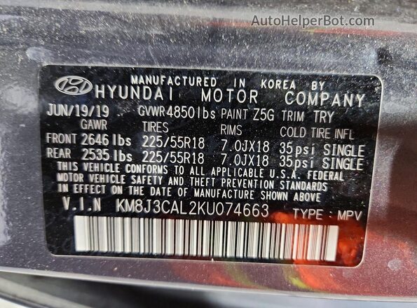 KM8J3CAL2KU074663 2019 HYUNDAI TUCSON Серый Вид наклейки с VIN-кодом