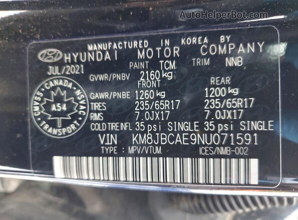KM8JBCAE9NU071591 2022 HYUNDAI TUCSON Black Вид наклейки з VIN-кодом