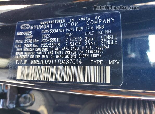 KM8JEDD11TU437014 2026 HYUNDAI TUCSON Синий Вид наклейки с VIN-кодом