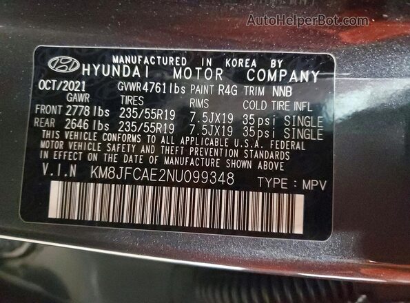 KM8JFCAE2NU099348 2022 HYUNDAI TUCSON Gray Widok wnętrza 360 stopni