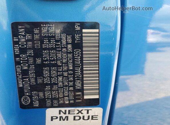 KM8K12AA4LU444550 2020 HYUNDAI KONA Blue Vista del compartimento del motor